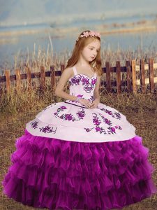 Popular Embroidery and Ruffled Layers and Bowknot Little Girls Pageant Dress Wholesale Fuchsia Lace Up Sleeveless Floor 