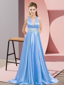 Simple Baby Blue Sleeveless Brush Train Beading Prom Dresses
