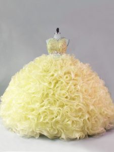 Scoop Sleeveless Quinceanera Gowns Floor Length Beading Yellow Fabric With Rolling Flowers
