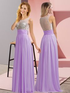 Customized Lavender Chiffon Side Zipper Wedding Party Dress Sleeveless Floor Length Beading