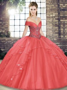 Watermelon Red Off The Shoulder Lace Up Beading and Ruffles 15th Birthday Dress Sleeveless