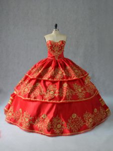 Fabulous Red Quinceanera Gown Sweet 16 and Quinceanera with Embroidery and Ruffled Layers Halter Top Sleeveless Lace Up