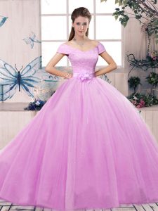 Chic Off The Shoulder Short Sleeves Ball Gown Prom Dress Floor Length Lace and Hand Made Flower Lilac Tulle