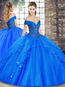 Fancy Floor Length Royal Blue Sweet 16 Dress Tulle Sleeveless Beading and Ruffles