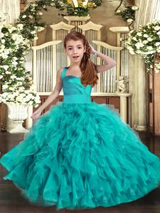 Modern Sleeveless Floor Length Ruffles Lace Up Pageant Dress Toddler with Aqua Blue