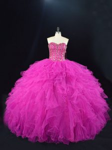 Modest Fuchsia Ball Gowns Beading and Ruffles Quinceanera Gown Lace Up Tulle Sleeveless Floor Length