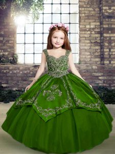 High Quality Tulle Straps Sleeveless Lace Up Beading and Embroidery Kids Formal Wear in Green