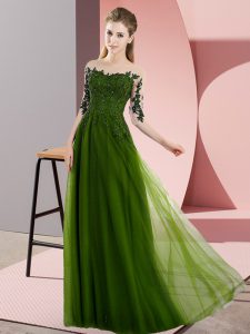 Olive Green Chiffon Lace Up Court Dresses for Sweet 16 Half Sleeves Floor Length Beading and Lace