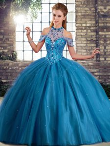Blue Tulle Lace Up Quince Ball Gowns Sleeveless Brush Train Beading