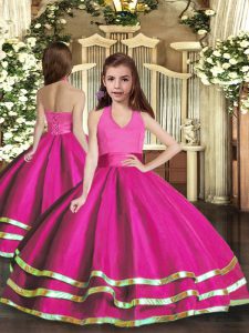 Hot Selling Fuchsia Lace Up Little Girl Pageant Dress Ruffled Layers Sleeveless Floor Length