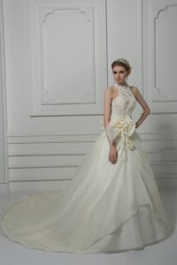Fitting White Organza Zipper Wedding Dresses Sleeveless Court Train Beading and Lace and Hand Made Flower
