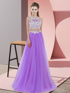 Floor Length Two Pieces Sleeveless Lavender Wedding Party Dress Zipper