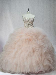 Champagne Tulle Lace Up Quinceanera Dresses Sleeveless Beading and Ruffles