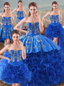 Excellent Royal Blue Sleeveless Floor Length Embroidery Lace Up 15 Quinceanera Dress