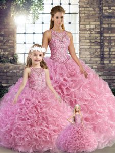 Rose Pink Lace Up Scoop Beading Quinceanera Gowns Fabric With Rolling Flowers Sleeveless