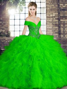 On Sale Floor Length Green Quinceanera Dresses Tulle Sleeveless Beading and Ruffles