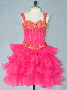 Deluxe Hot Pink Lace Up Halter Top Beading and Ruffled Layers Evening Dress Organza Sleeveless