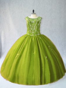 Scoop Sleeveless Lace Up Quinceanera Dress Olive Green Tulle