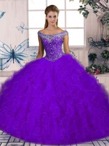 Sexy Purple Lace Up Sweet 16 Quinceanera Dress Beading and Ruffles Sleeveless Brush Train