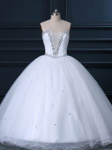 Sweetheart Sleeveless Tulle Wedding Dress Beading Brush Train Lace Up