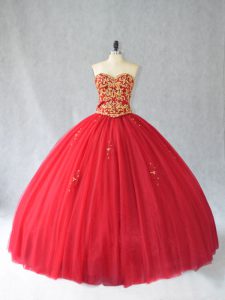 Hot Selling Red Lace Up Sweetheart Beading Quinceanera Dress Tulle Sleeveless Brush Train