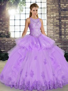 Lavender Lace Up Quinceanera Dresses Lace and Embroidery and Ruffles Sleeveless Floor Length