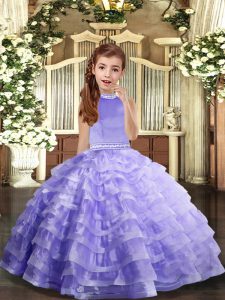 Enchanting Lavender Backless Little Girl Pageant Gowns Beading and Ruffled Layers Sleeveless Floor Length