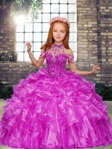 Lilac Lace Up Pageant Dress Toddler Beading and Ruffles Sleeveless Floor Length