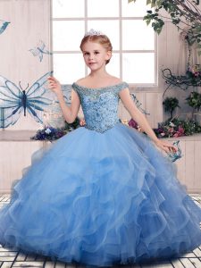 Blue Girls Pageant Dresses Party and Quinceanera and Wedding Party with Beading and Ruffles Off The Shoulder Sleeveless 