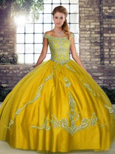 Delicate Gold Sleeveless Floor Length Beading and Embroidery Lace Up Quinceanera Gown