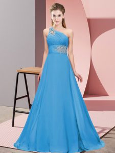 Modest Sleeveless Floor Length Beading Lace Up Homecoming Dress with Blue