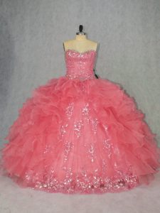 High Class Organza Sweetheart Sleeveless Lace Up Beading and Ruffles 15 Quinceanera Dress in Watermelon Red