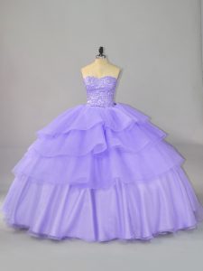 Eye-catching Sweetheart Sleeveless Quinceanera Gown Beading and Ruffled Layers Lavender Organza