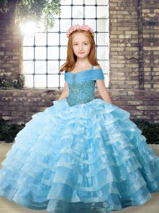Aqua Blue Organza Lace Up Pageant Gowns For Girls Sleeveless Brush Train Beading and Ruffled Layers