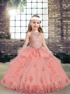 Sleeveless Lace Up Floor Length Beading and Appliques Pageant Dress Toddler