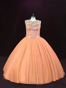 Peach Lace Up Scoop Beading Sweet 16 Dresses Tulle Sleeveless