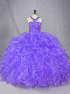 Sumptuous Floor Length Purple Sweet 16 Quinceanera Dress Organza Sleeveless Beading