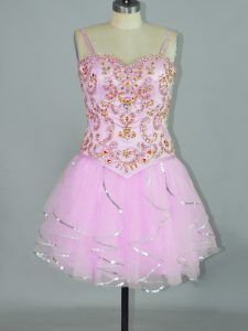 Rose Pink Tulle Lace Up Spaghetti Straps Sleeveless Mini Length Prom Evening Gown Beading and Ruffles