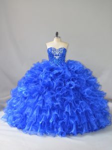 Ball Gowns Ball Gown Prom Dress Royal Blue Sweetheart Organza Sleeveless Floor Length Lace Up