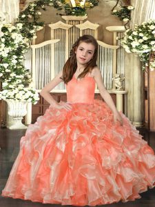Hot Selling Peach Organza Lace Up Straps Sleeveless Floor Length Child Pageant Dress Ruffles
