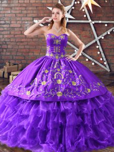 Custom Made Purple Sweetheart Lace Up Embroidery Sweet 16 Dress Sleeveless
