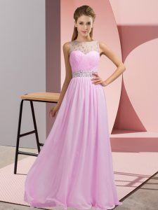 Floor Length Backless Prom Dress Pink for Prom and Party with Beading
