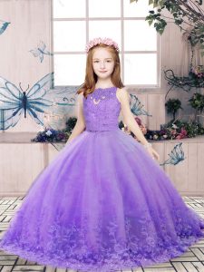 Custom Made Lavender Scoop Neckline Lace and Appliques High School Pageant Dress Sleeveless Backless