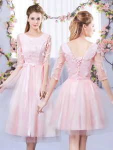 Baby Pink Half Sleeves Tea Length Lace and Belt Lace Up Bridesmaid Gown
