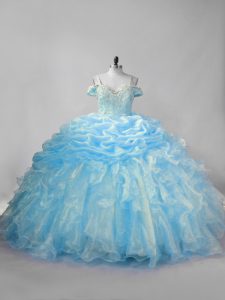 Baby Blue Vestidos de Quinceanera Sweet 16 and Quinceanera with Beading and Ruffles and Pick Ups Straps Sleeveless Brush