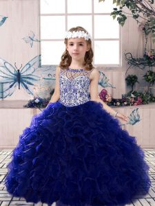 Hot Sale Floor Length Royal Blue Kids Pageant Dress Scoop Sleeveless Lace Up