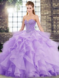 Lavender Ball Gown Prom Dress Military Ball and Sweet 16 and Quinceanera with Beading and Ruffles Sweetheart Sleeveless 