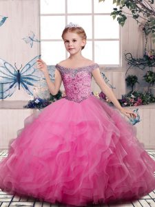 Classical Pink V-neck Neckline Beading and Ruffles Child Pageant Dress Sleeveless Lace Up