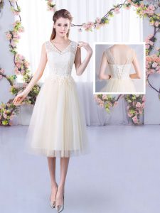 Admirable Champagne Sleeveless Tea Length Lace Lace Up Quinceanera Dama Dress