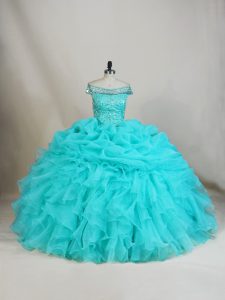 Classical Ball Gowns Sweet 16 Dress Aqua Blue Off The Shoulder Organza Sleeveless Floor Length Lace Up